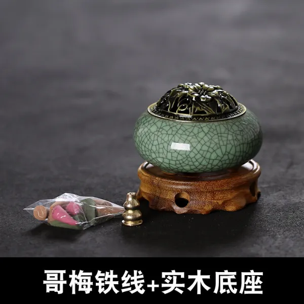 세라믹 침향 로 용 천 청자 향 훈 로 세라믹 불구자 모방 고 합금 개 향로 거실 장식품 침향 단 로 고 요 매 자 청 철선 + 원목 페 데 스 탈