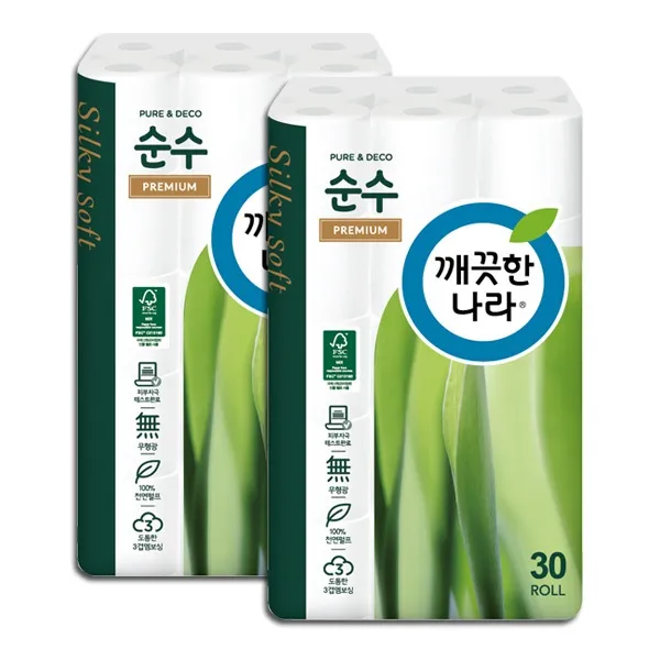 깨끗한나라 3겹 데코 순수프리미엄 천연펄프 33m 30롤 롤화장지 2팩