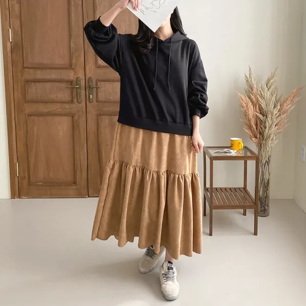 코지23 / 여자 겨울 모임룩 데이트룩 기모 골덴후드 롱원피스
