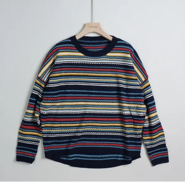 클래식 단아한 코로스바디 솜 사 스웨터 겨울 가을 컬러 스트라이프 단가라 와이드 루즈핏 여성