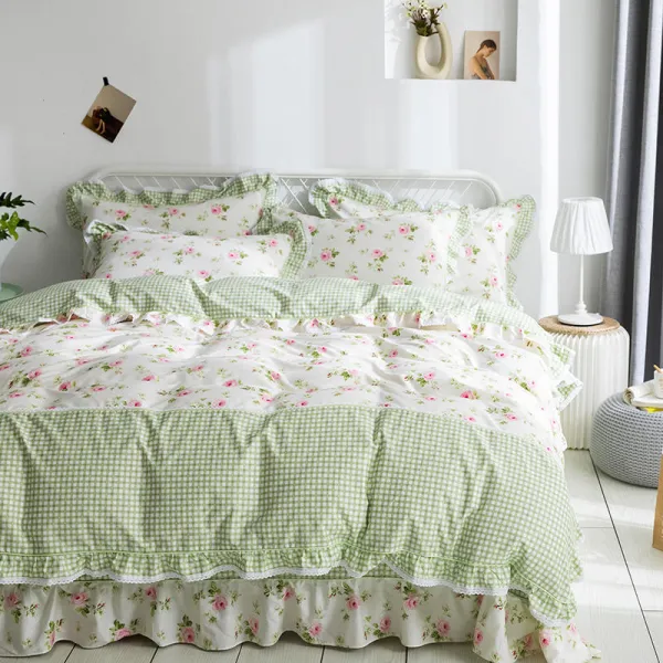 카드다 니 소녀마음 전원 숏 플라워 순면 코튼 4종 풀패딩 위 이불커버 침대시트 Cgf 운각서향 그린