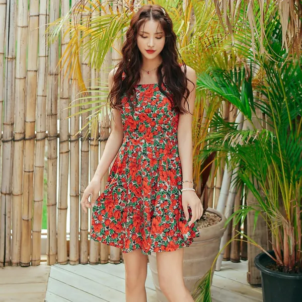 헤링본 여성 여름 플라워 미니 비치원피스 민소매 나시 스모크 A라인 플레어 휴양지룩 바캉스 비치웨어 HE056
