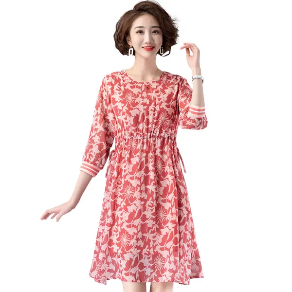 글로벌찜스 빅사이즈원피스 빅원피스 빅싸이즈원피스 큰사이즈원피스 구월맥묵 여름옷 빅사이즈 여성 라운드넥 허리보정 슬림핏 쉬폰