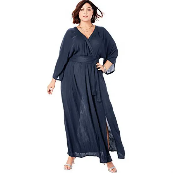 Roamans Womens Plus Size Crinkle Belted Maxi Dress