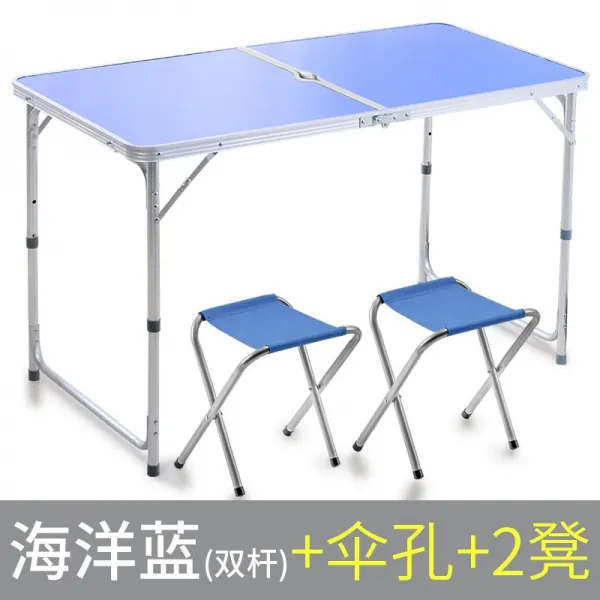 야외테이블 휴대용 야영 야외 테이블식 관절큐테이블 접이식테이블 긴탁자 마케팅 노점 자가운전여행 T09 F51쌍봉 블루색+우산구멍+2의자