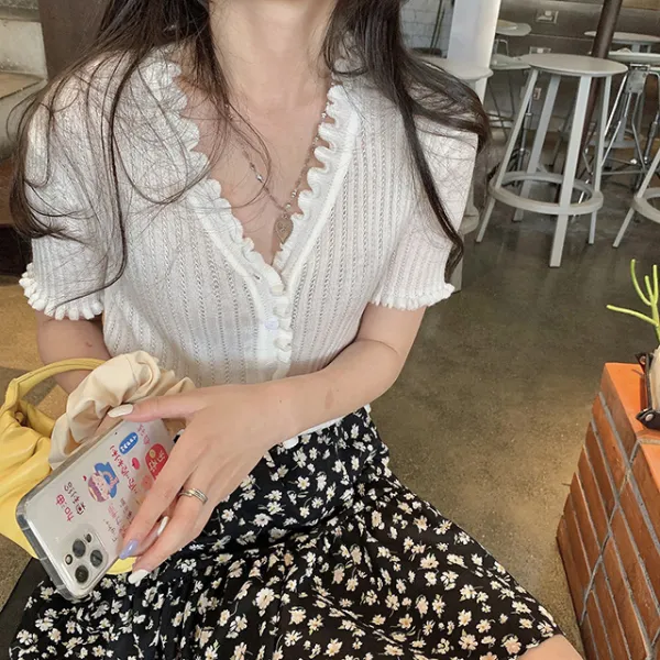 하나네트웍 여름숏가디건 KUMAYES 루즈핏 슬림 짧은가디건 여성 브이넥 페블럼라인 반팔