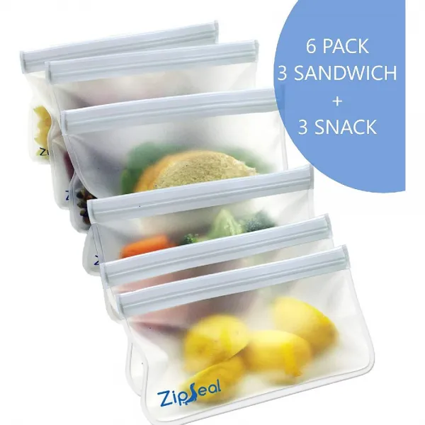 ZipSeal 재사용 샌드위치 백 6 팩 3 스낵 + 3 샌드위치 누설 증명 냉장고 안전 환경 친화적 사용에 어린이, 상세페이지참조