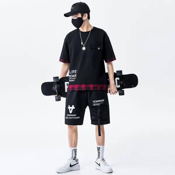 뉴타임즈 상하의 세트 여름 노동복 레저 세트 남자 와이드 핏의 멋진 건달 반팔 세트 코디 기능 리본 반바지 남자 QH31 A22, 블랙