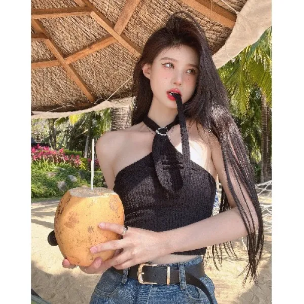 브라탑 순욕 시크 달콤하고 맵다 누이동생 오프숄더 어깨트임 목걸이 여성 여름 이너와 아우터 숏 민소매 4785688250