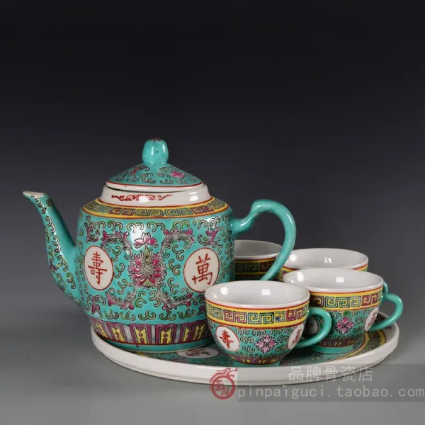 티포트 징더전 만수무강 도자기 자재화 울긋불긋 차제구 찻잔 6두건 포장도자기 찻주전자 T01 6개 C02 그린 완슈 1포트 1판 4귀 컵 
