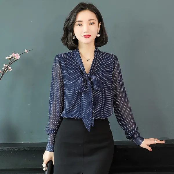 위코브 시무식 도트 로즈프릴 긴팔 블라우스