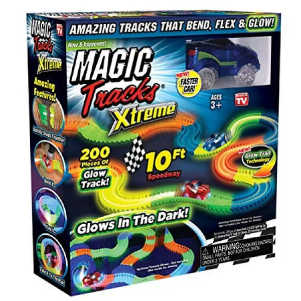 Ontel Magic Tracks Xtreme-어두운 경마장에서 유연하고 구부릴 수있는 10 가지의 경주 용 자동차 및 10, 원본 버전