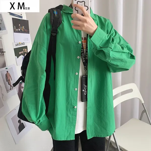 Ulzzang 셔츠 남학생 문예 순색 계열 보석 블루 insbf 慵 게으름 여 코트 동정, 그린