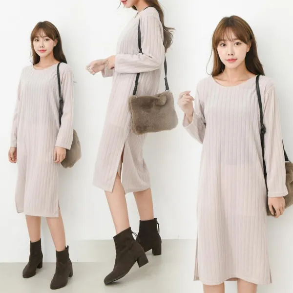 Chicme 시크미 여성 골지 니트 라운드넥 옆트임 롱 원피스