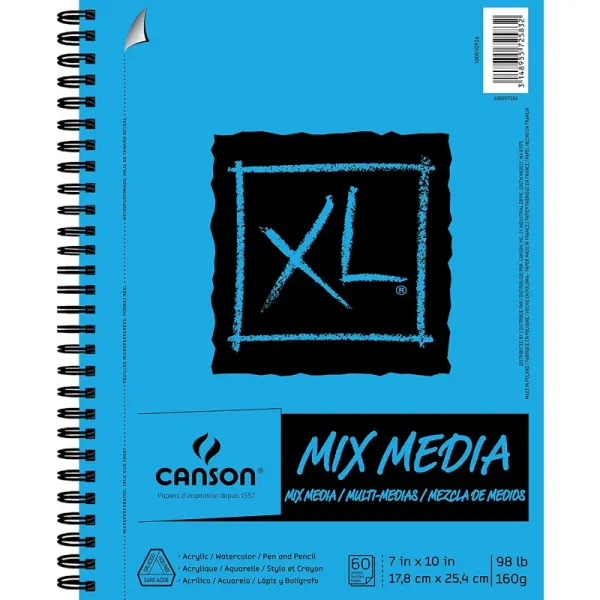 Canson XL 시리즈 믹스 페이퍼 패드 중량급 고급 질감 습식 및 건식 매체 용 중형 측면 와이어 바운, 단일상품