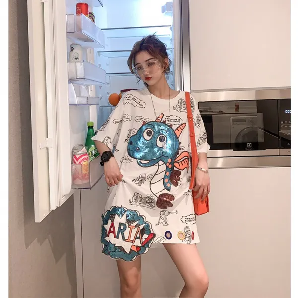 레깅스코디 박스티 여름원피스 롱랩원피스 롱원피스 롱셔츠원피스 그물 레드 반소매 장식 조각 느슨한 티셔츠 여성 2020 새로운 여름 드레스 긴 여름 동정심 셔츠 기능 슈퍼 화재