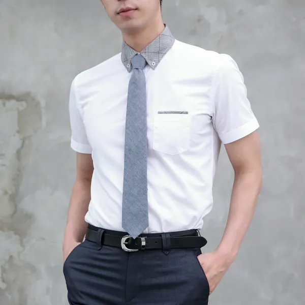 남성용 투톤 체크 포켓 포인트 반슬림 반팔 와이셔츠