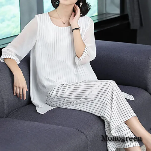 모노그린 쉬폰 줄무늬 라운드 넥 탑 와이드 팬츠 투피스 세트 Toc1093