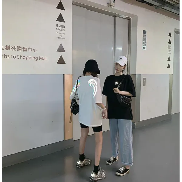 몽리베르떼 반팔 날개 달 반사광 티 여유 남녀 커플 SEC 여성 긴소매 티셔츠