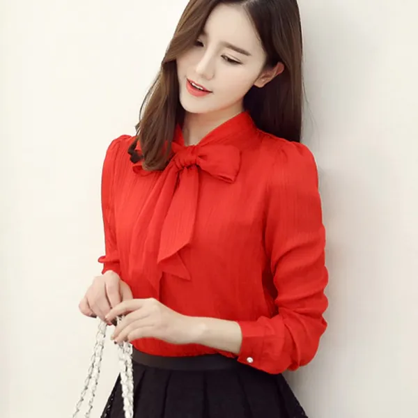 위파인더 하의 리본 쉬폰 상의 여한핏 슬림 긴소매 솔리드 블라우스