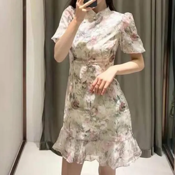 여름반팔원피스 연우 강남 리폼 판 치파오 양식 여성 디자인 감명받다 숏 플라워 프린트, 없음