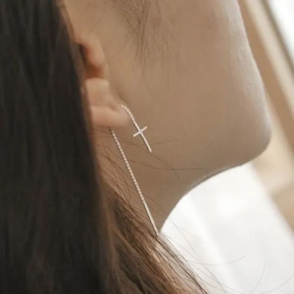  텐바이텐 실버 십자가 롱 드롭 이어링 골드 귀걸이