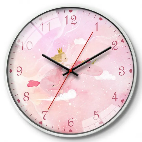 미 지 괘종시계 침실 창의 무 음 주 행 카툰 유 니 콘 시리즈 원형 괘종시계 금속 테두리 석영 괘종d 종 백색 상자 12 인치 30cm 상세페이지 참조