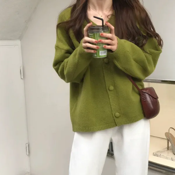 니트가디건 초가을 그린색 부드러운 스웨터바늘 니트카디건 편안한 여자외투 아보카도 부드러운타입 분위기있는 상의