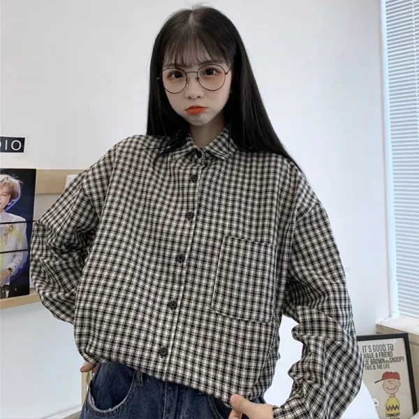 체크셔츠남방 격자셔츠 격자무늬셔츠 클래식 여성 학생 감각 보이핏 볼륨 하라쥬크 무드 BF 와이드 루즈핏 계 긴 소매