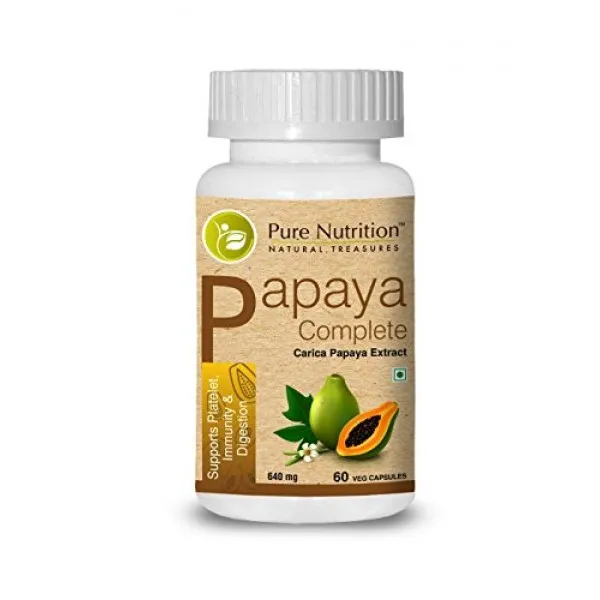 Pure Nutrition 파파야 컴플리트-60 Veg Capsules (혈소판 면역 및 소화 지원) 각 캡슐에는 500mg Carica Pap