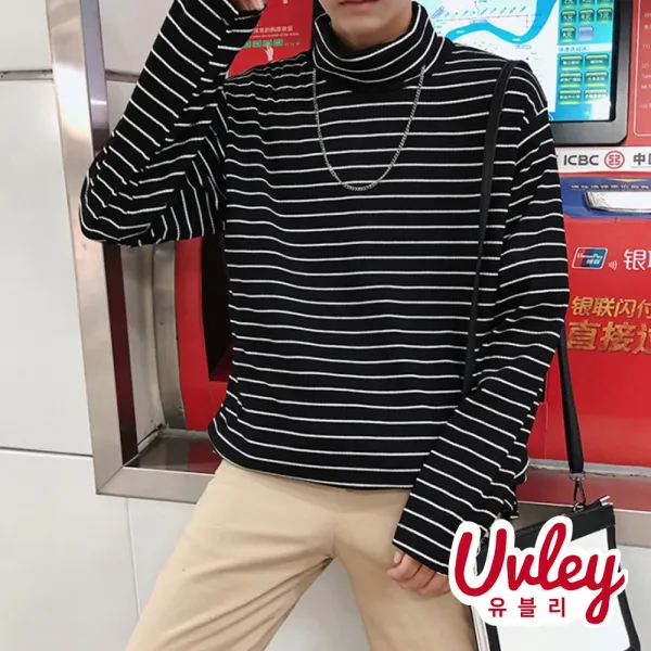 유블리 남성 스트라이프 목폴라티 루즈핏 줄무늬 터틀넥티셔츠(UV216145WD) 긴팔 티셔츠