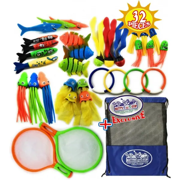 Matty 's Toy Stop 다이빙 링 볼 피쉬 어뢰 상어 문어 해파리 어망 및 보너스 보관 가방이있는 다이빙 / 수영장 용 32, 단일옵션