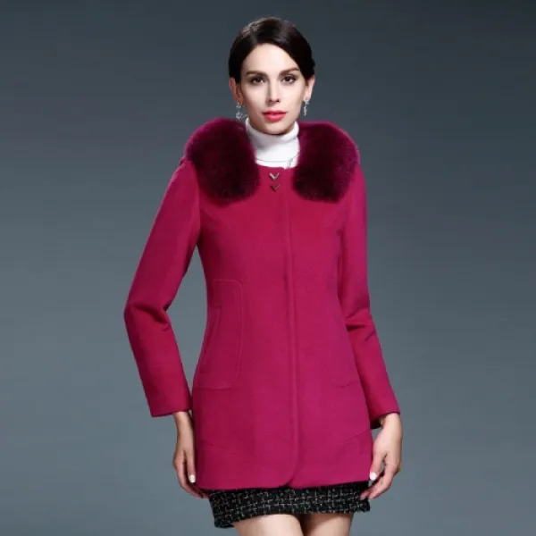 [해외]여성상의 > 코트 Have surplus round neck long section of the blue fox fox fur collar cashmere coat wool coat middle-aged wo