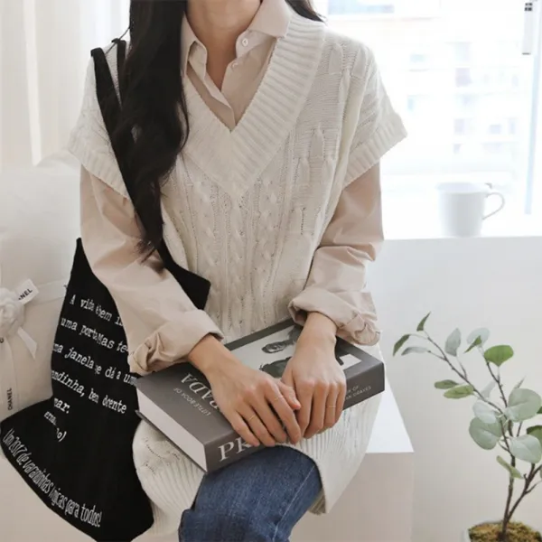 여자 봄 드롭숄더 오버핏 두꺼운 브이넥 니트 꽈배기 베스트 조끼