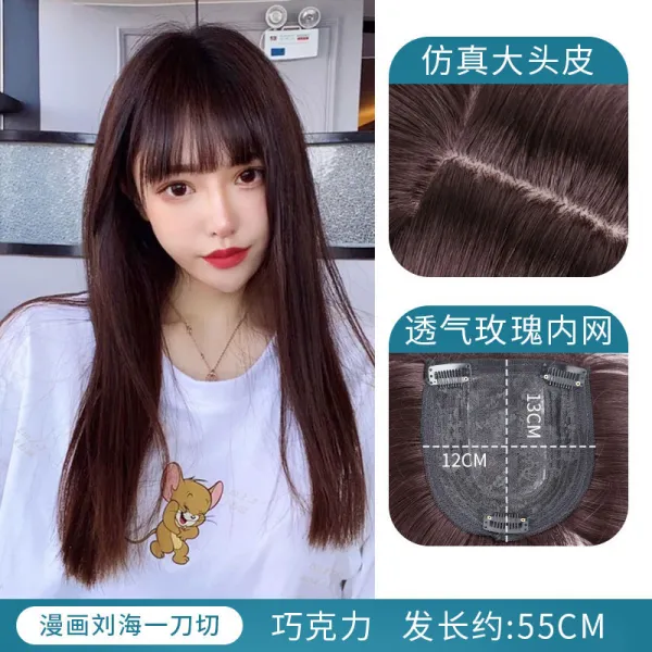 네트 레드 만화 뱅뱅 앞머리 동그란 얼굴 칼끝에 머리 위로 히든 가발 흰머리 자연히 주름 없는 긴 가발녀, 1, 초콜렛 55cm케어 세트