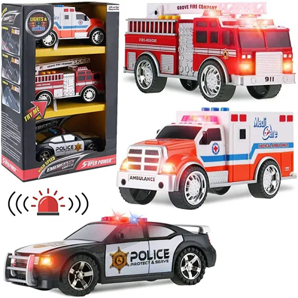 3 in 1 True Hero Emergency Rescue Vehicles Chids Toy Cars Playset 앰뷸런스 소방차와 경찰차 3버튼 LED 조명 및 음향 효과, 상세페이지 참조