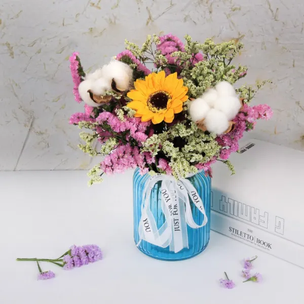 마가렛 꽃다발 영원꽃 진생화 물망나 마가리와 꽃다발 거실 장식예술 설치 칠석 발렌타인데이 선물 생일 여학생 선물 유리병 + 핑크 황수정 2 면화 + 태양화