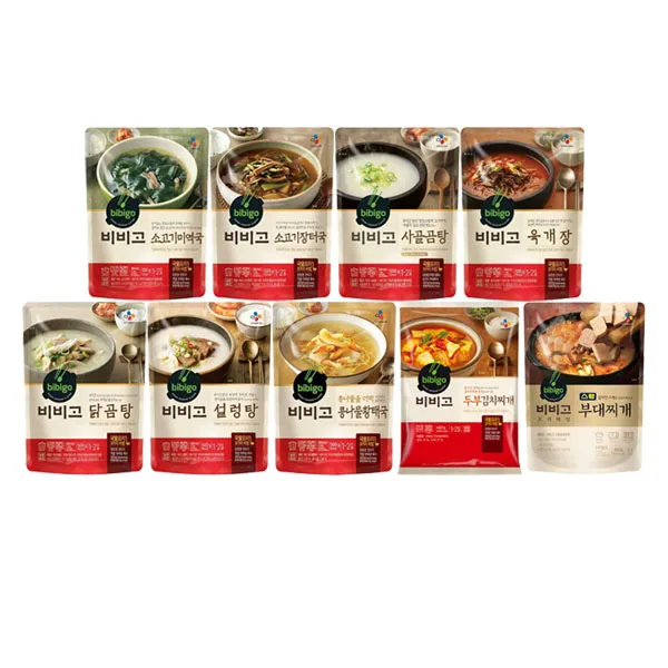 비비고 국 탕 찌개 9종(소고기미역국+소고기장터국+사골곰탕+육개장+닭곰탕+설렁탕+콩나물황태국+두부김치찌개+부대찌개), 1세트