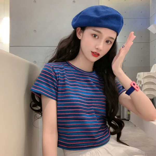 상의 숏여자 현아 바람 프레이치 복고 햅번 홍콩미 크롭 무지개 색상 스트라이프 티셔츠 여자 반소매 커다랗다