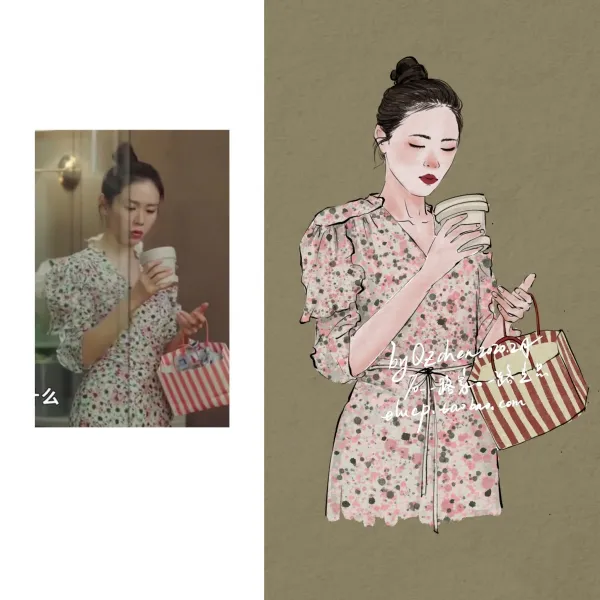꽃무늬원피스 사랑 동일한타입 꽃무늬 도트 원피스 프렌치 복고 도라지 분위기있는 v넥 롱스커트