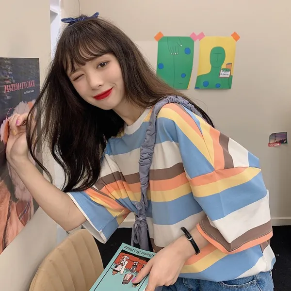 인싸템 매너 상의 디자인 감각 여자 개성화 프레이치 복고 햅번 무지개 색상 스트라이프 티셔츠 반소매 커다랗다