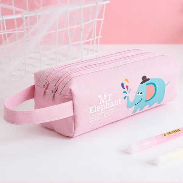 필통 이니셜 캐릭터 캔버스 필통 학생모집 선물상문방구, 핑크 코끼리