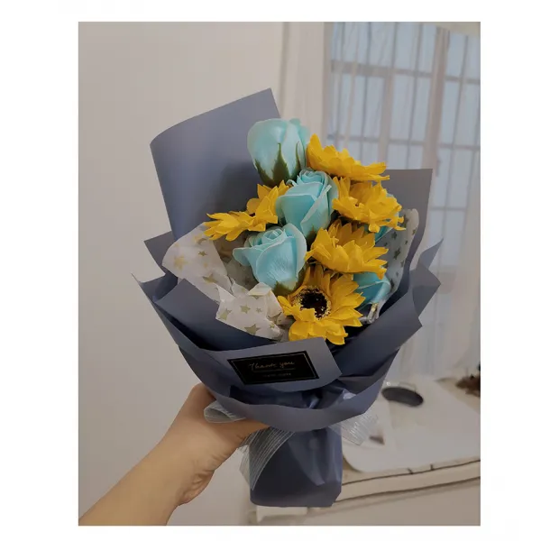비누꽃 해바라기 별가득한하늘 드라이플라워 꽃다발 동창생선물 단짝친구 여자친구 생일 졸업 성탄, T19-5개 해바라기 5개 블루로즈 중간사이즈