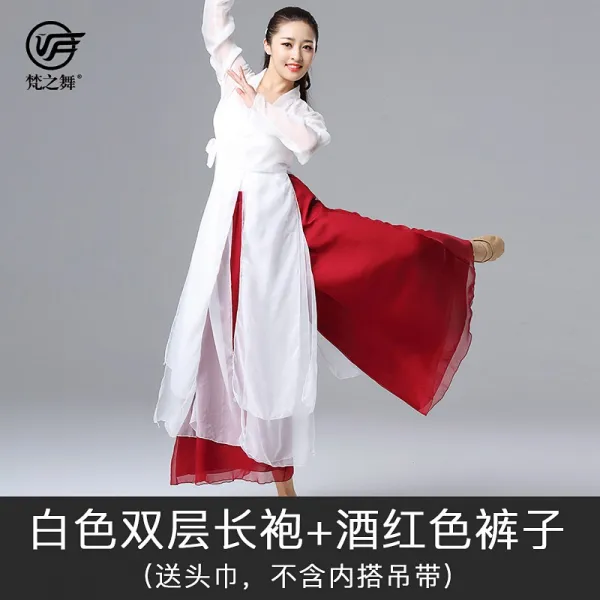 댄스복 2019뉴타입 클래식한 무용 트레이닝복 여자성인 중국 고풍 민족 찰랑찰랑한스타일 와이드팬츠 공연, C10-화이트 더블층+와인색 바지 불포함 개괄 등포함 하트