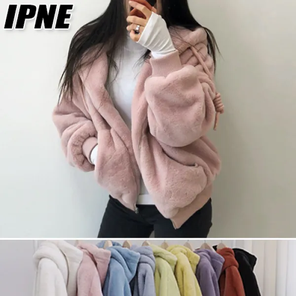 [이쁘네] 9color 밍크퍼후드집업 인싸템 주문폭주!! 페이크퍼 도톰 여성 여자 오버핏 루즈핏 박시 무지 심플 기본 밍크 퍼 후드 집업 자켓 가을 겨울 귀여운 교복 후리스 뽀글