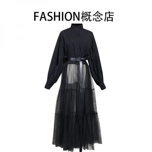 시스루원피스 fashion망사 여성원피스 2020봄신상 유럽미국 패치워크 대중적인디자인 셔츠 롱스커트