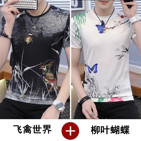 플라워프린트 라운드넥 얇은 동물 여름 청년 체형커버 M552770, 날짐승 세상 블랙 버들잎 나비