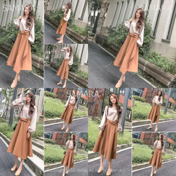 Qterra 특허브랜드 하이웨이스트 빈티지 스커트 가을 라운드넥 투피스