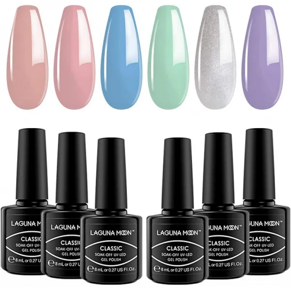 라구나문 젤 네일 폴리쉬 세트 누드 핑크 블루 퍼플 글리터 그레이 6컬러 매니큐어 키트 소크 오프 Uv Led 젤 매니큐어 키트 1 단일옵션
