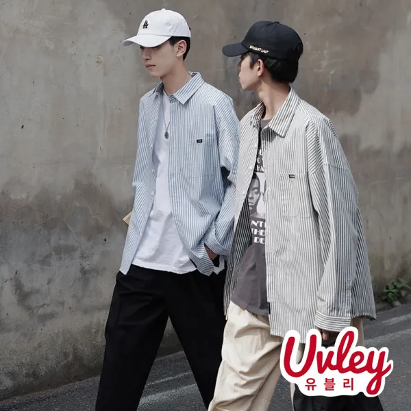 유블리 남성 스트라이프 셔츠 루즈핏 스타일나는 봄가을 남방 데일리룩 아메카지룩(UV087WD)